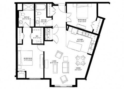 Floor plan for 2 beds, 2 baths, 1245 sqft